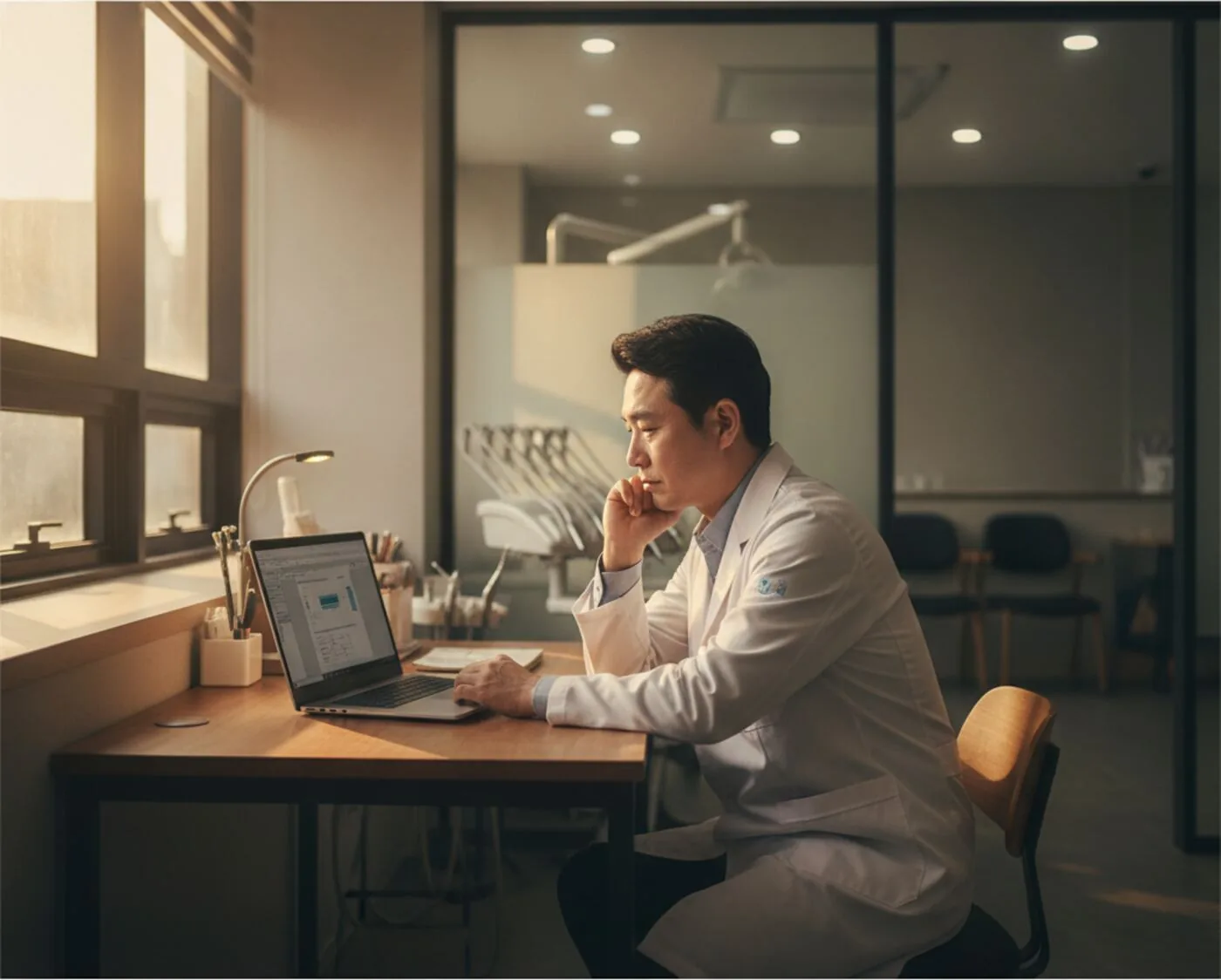 진료가 끝난 저녁, 노트북으로 리포트를 보는 원장
