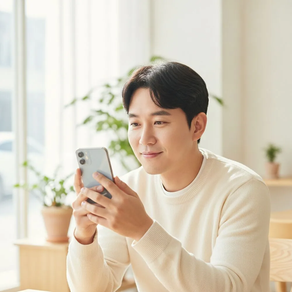 휴대폰으로 병원 안내를 확인하는 환자